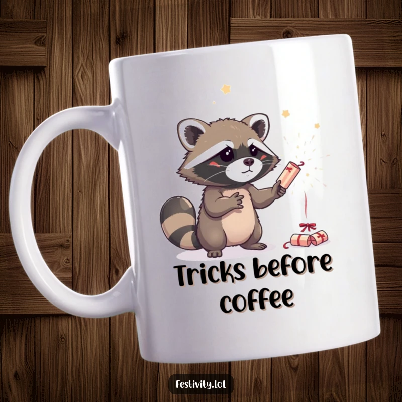 Funny curious raccoon attempting to juggle three sparkling party crackers with intense concentration, depicted on a whimsical mug.