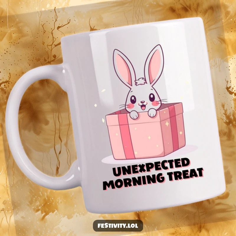 Funny mug showing a surprised bunny peeking out from a giant gift box, a delightful and humorous surprise.