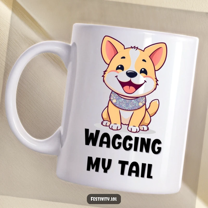 Funny mug: A smiling dog wearing a festive, glittery collar, its tail wagging furiously with pure excitement.