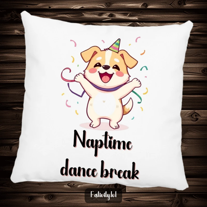 Funny Dog Pillow: A happy dog dances joyfully, wrapped in streamers, offering humorous comfort and charm.