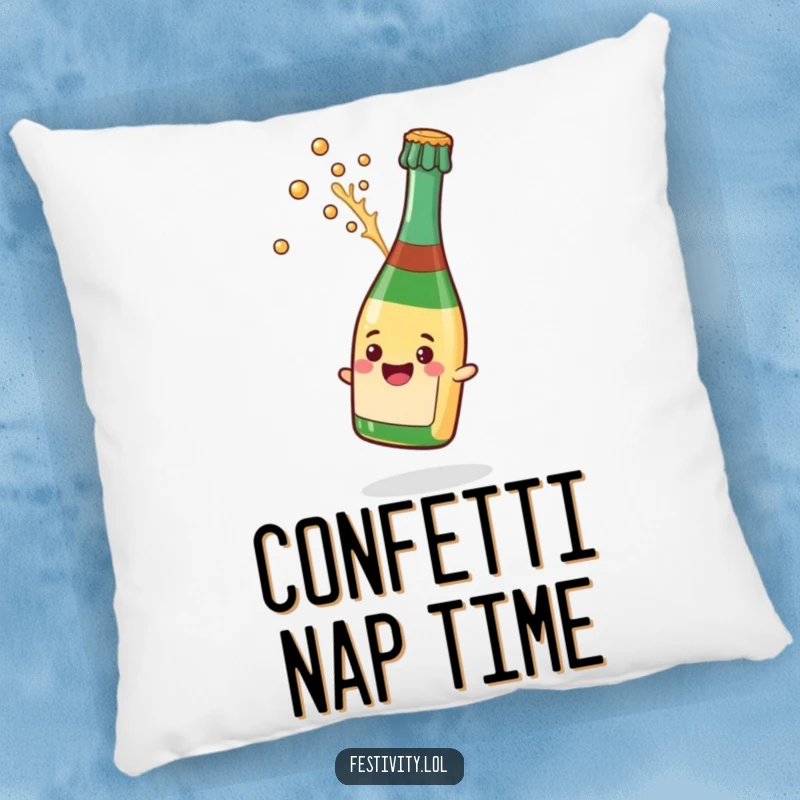 Funny pillow featuring a champagne bottle popping with a celebratory splash, adding comfort and humor to any seating area.