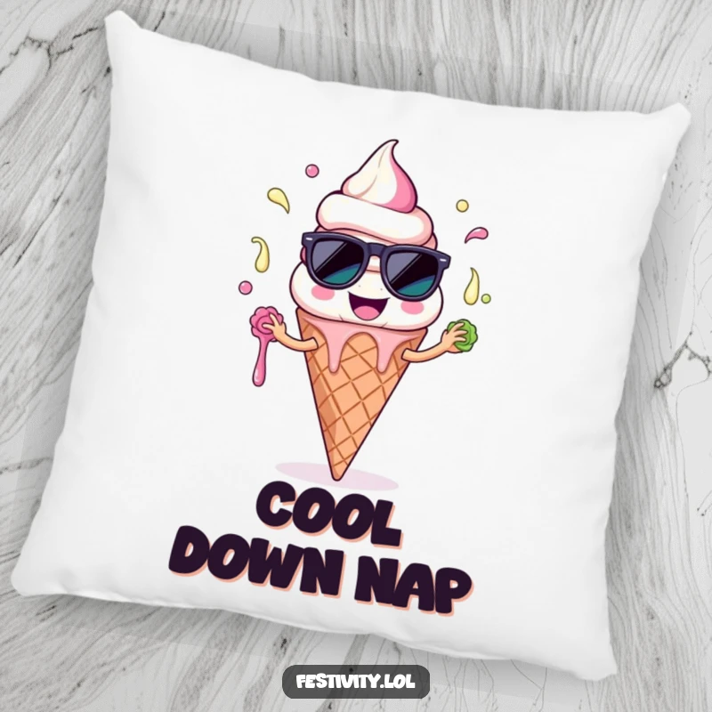 Funny Ice Cream Cone Pillow: A plush pillow featuring a smiling ice cream character comically juggling melting scoops, bringing comfort and cool humor.