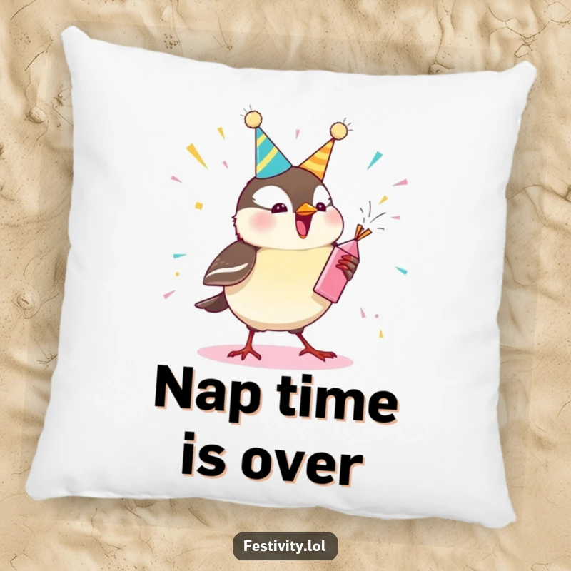 Funny chickadee pillow featuring a happy bird celebrating with a party popper, soft and inviting for couches or beds, radiating cheer.