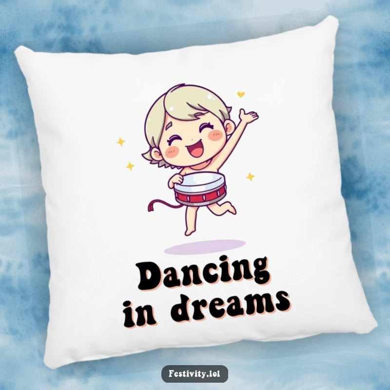 Funny merry character dancing energetically with a tambourine on a soft, comfortable pillow.