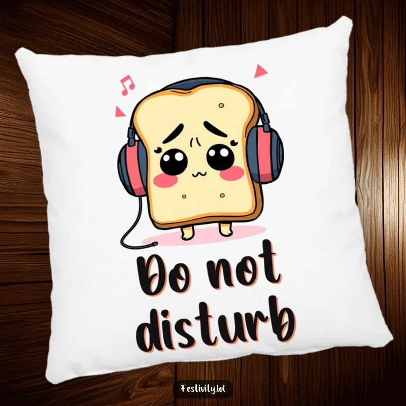 Funny toast character with oversized headphones, looking dazed by music, on a soft and funny pillow.
