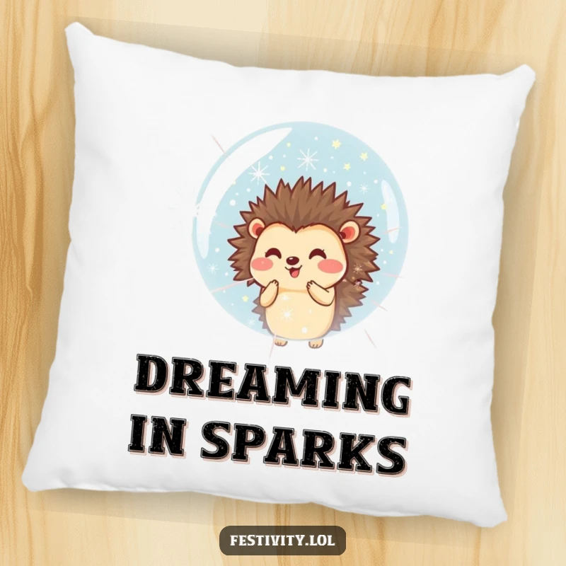 Funny pillow featuring a smiling hedgehog blowing a giant bubble filled with tiny fireworks, adding a festive touch.