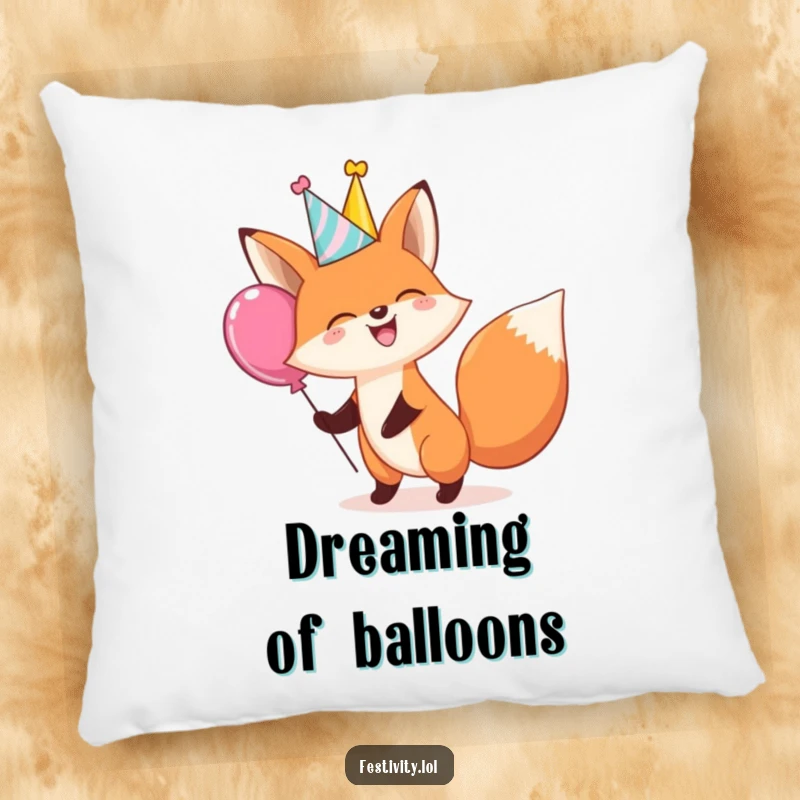 Funny pillow featuring a giggling fox in a party hat bouncing a giant balloon, offering comfort and a humorous accent.