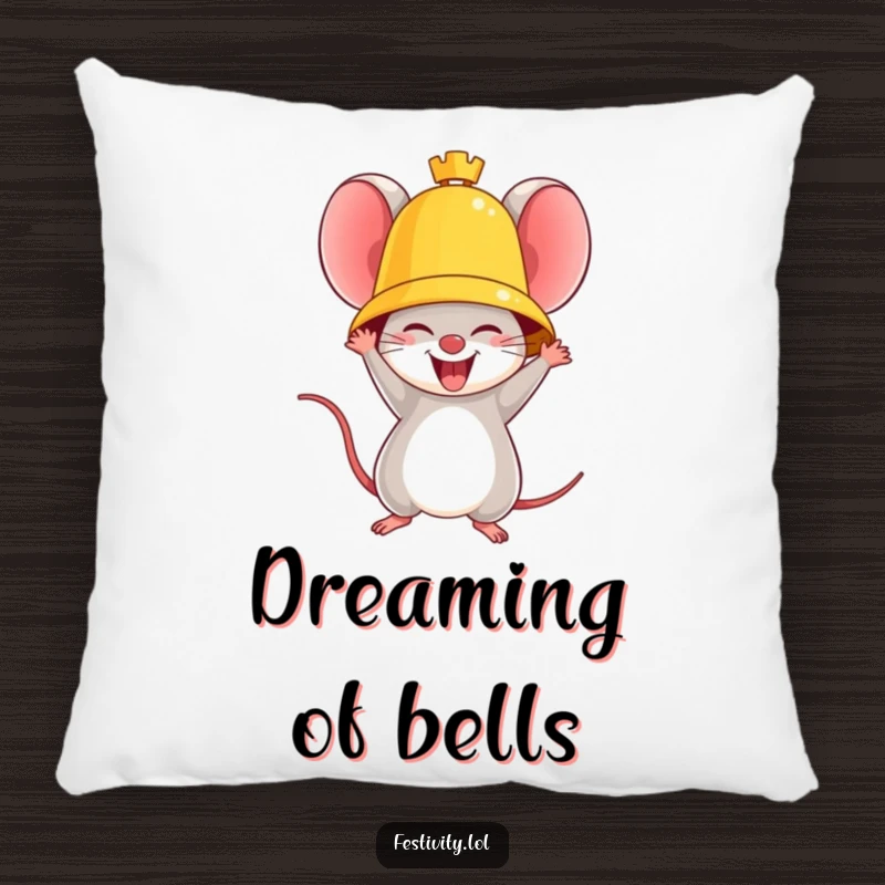Funny pillow showcasing a triumphant mouse ringing a giant golden bell, offering comfort and victory celebration.