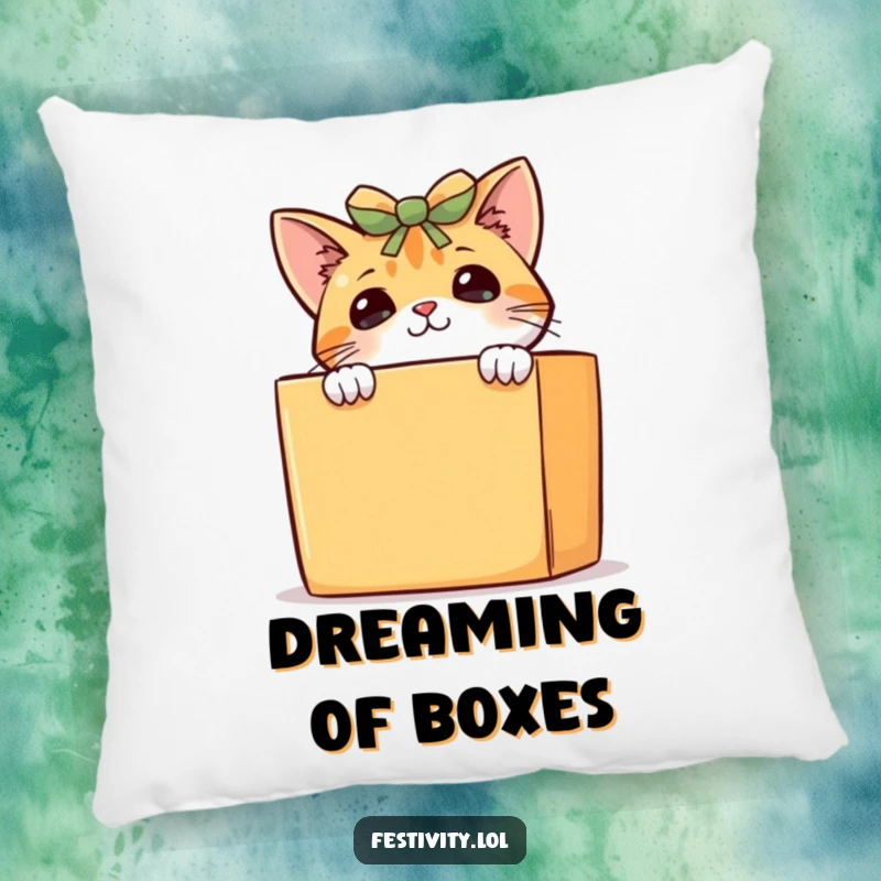 Funny curious cat pillow, a cute kitten peeking playfully from behind a gift box, providing comfort and a humorous touch.