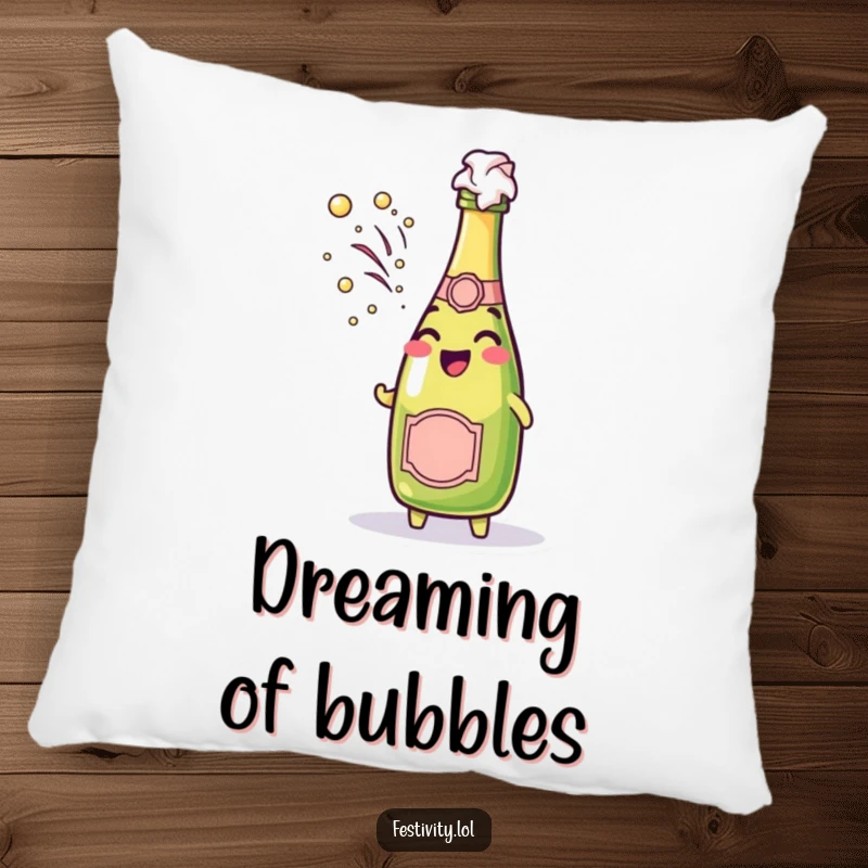 Funny cheerful champagne bottle character spraying bubbly foam on a soft, celebratory pillow.