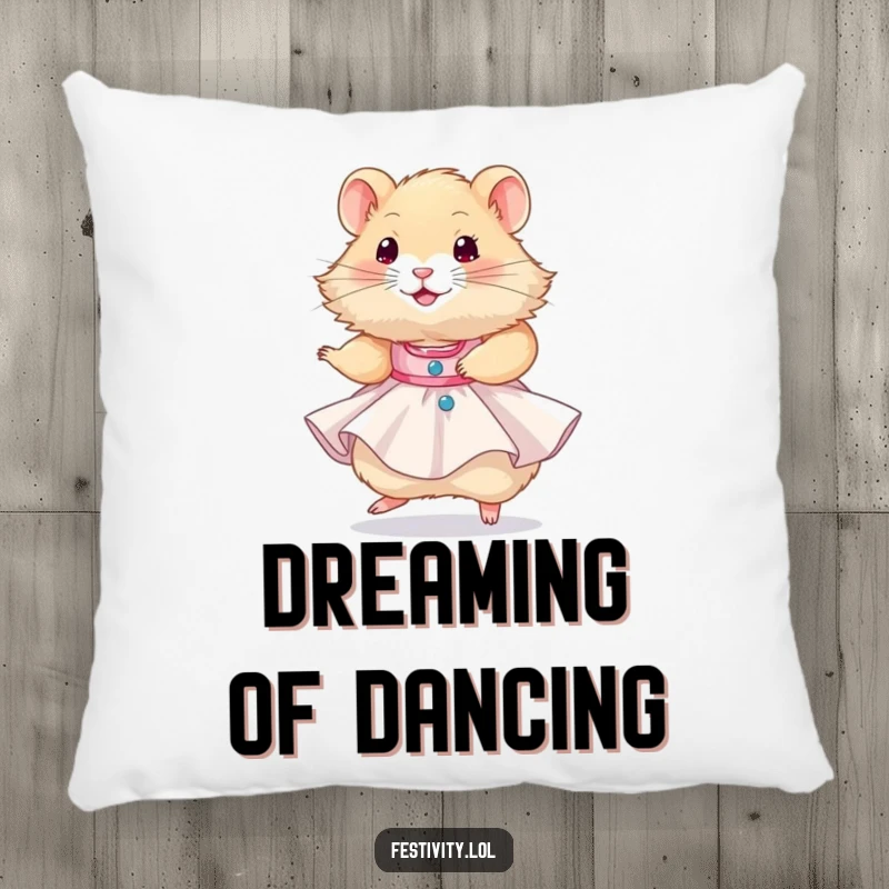 Funny hamster wearing a tiny party dress and twirling happily, a soft and humorous accent pillow for any space.