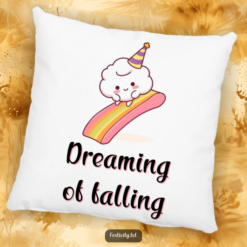 Funny Cloud Party Pillow: A plush pillow featuring a fluffy cloud comically tripping over a rainbow slide, bringing comfort and whimsical humor.