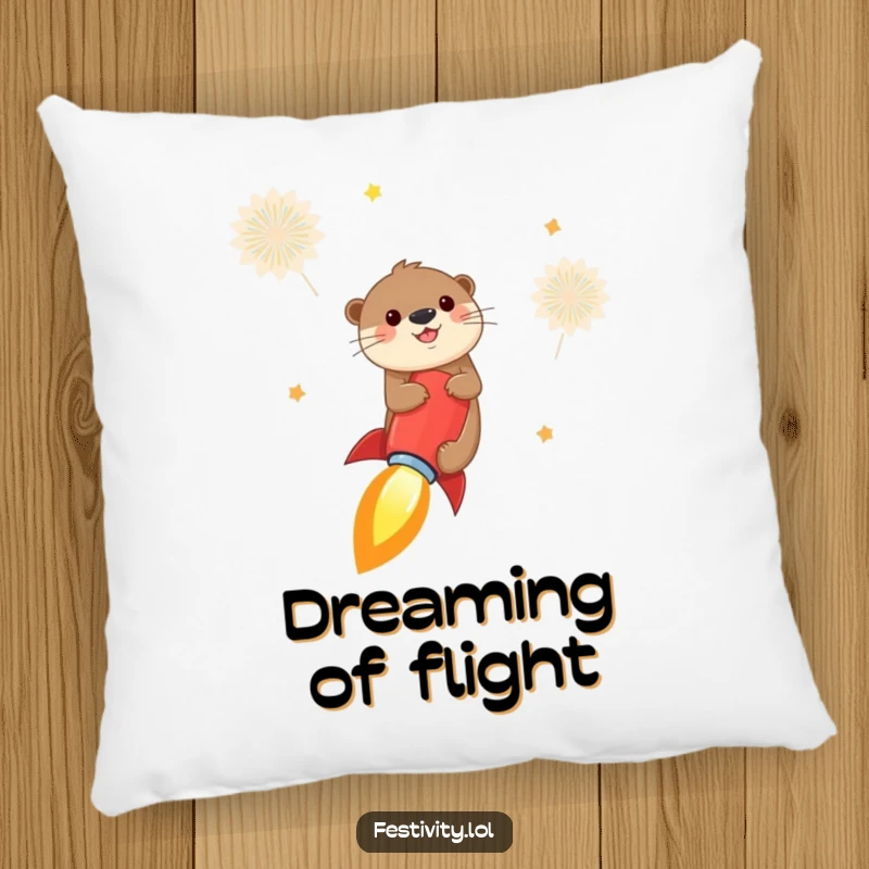 Funny otter pillow featuring a cheerful otter riding a firecracker like a rocket into the sky, offering comfort and a touch of high-flying humor.