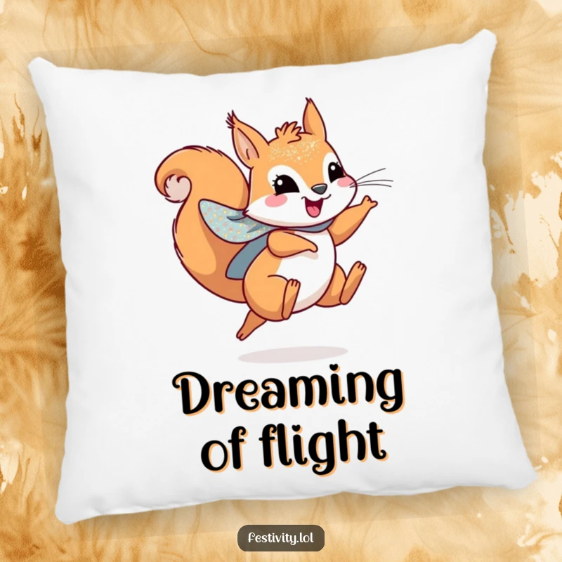 Funny pillow featuring a playful squirrel wearing a sparkly cape, leaping joyfully, designed for cozy adventures.