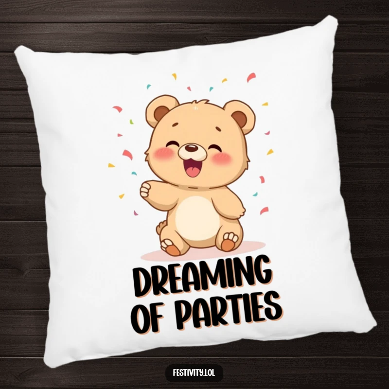 Funny pillow featuring a giggling bear cub tossing confetti, designed for comfort and a cheerful ambiance.