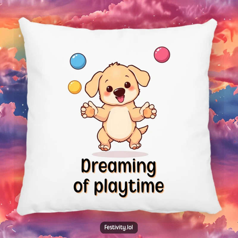 Funny pillow design showing a happy, bouncing puppy juggling colorful balls, creating a cheerful and comical visual.
