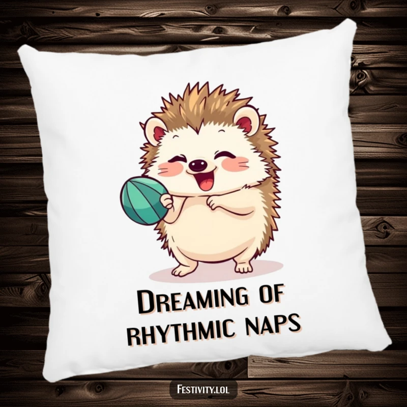 Funny hedgehog cushion shaking a maraca with focused delight, offering comfort and a burst of playful energy to any seating area.