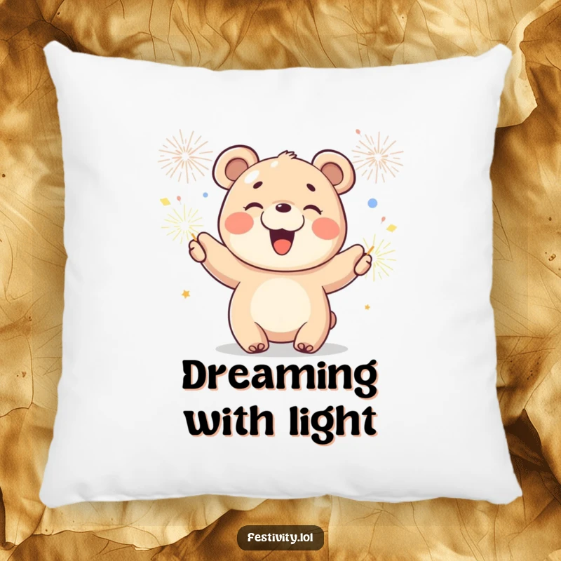 Funny throw pillow featuring a joyful bear cub waving sparklers, adding cute comfort and humorous charm.
