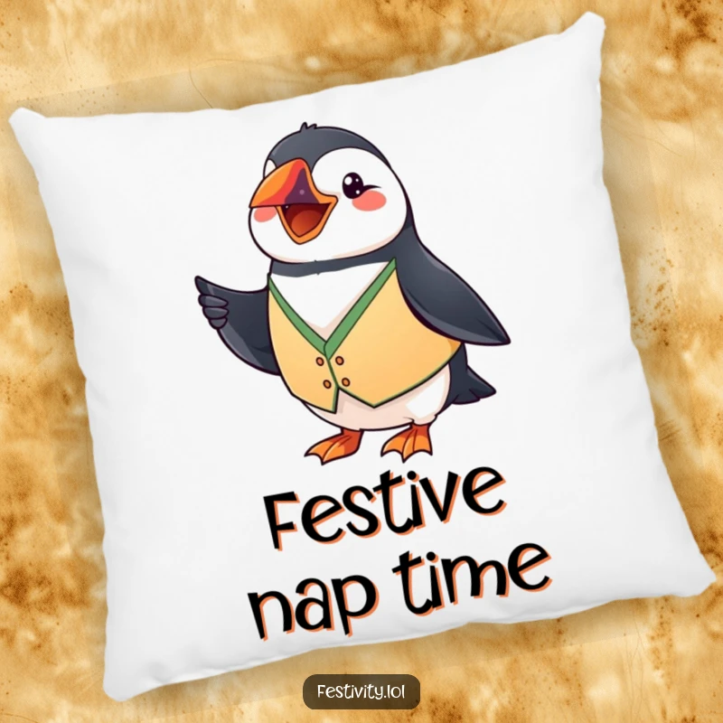 Funny Puffin Pillow: A grinning puffin in a festive vest waves a tiny flag, offering humorous comfort and charm.
