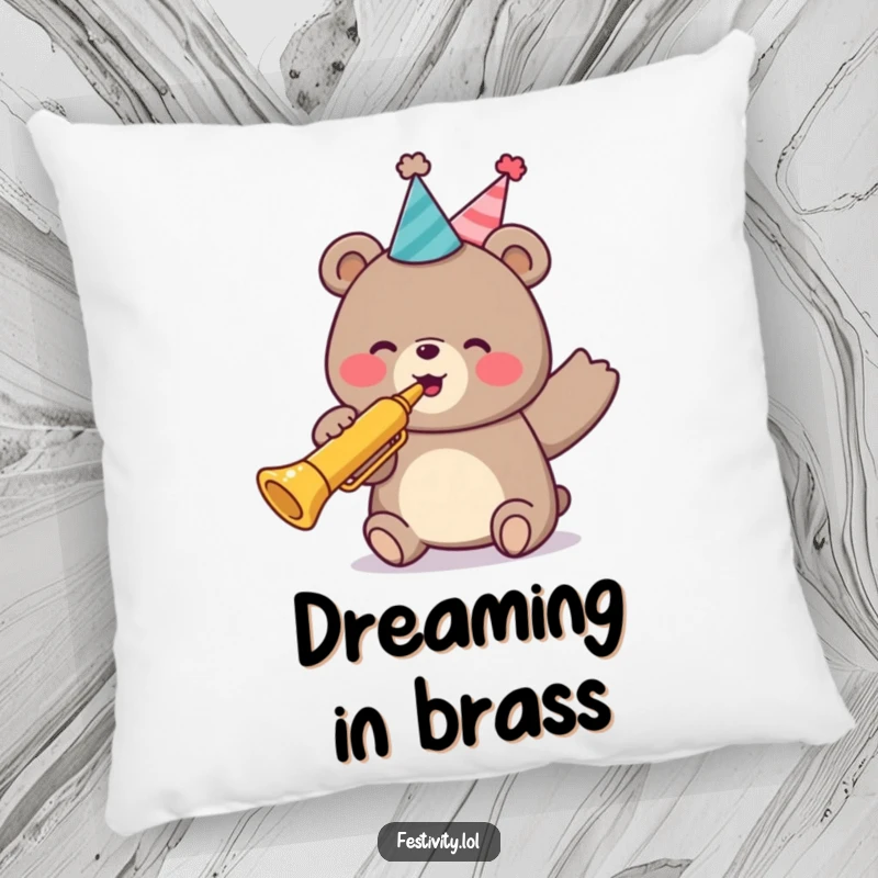 Funny pillow with a plush design of a happy bear in a party hat, enthusiastically playing a trumpet, radiating joy.