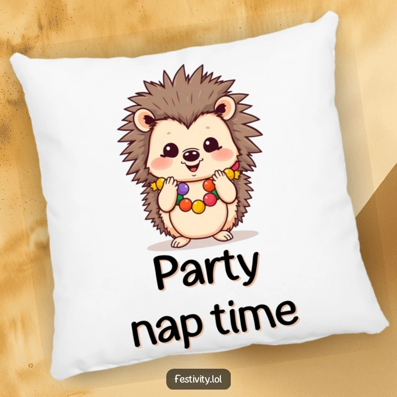 Funny pillow showcasing a cheerful hedgehog in a festive garland, clapping its paws, offering comfort and joy.