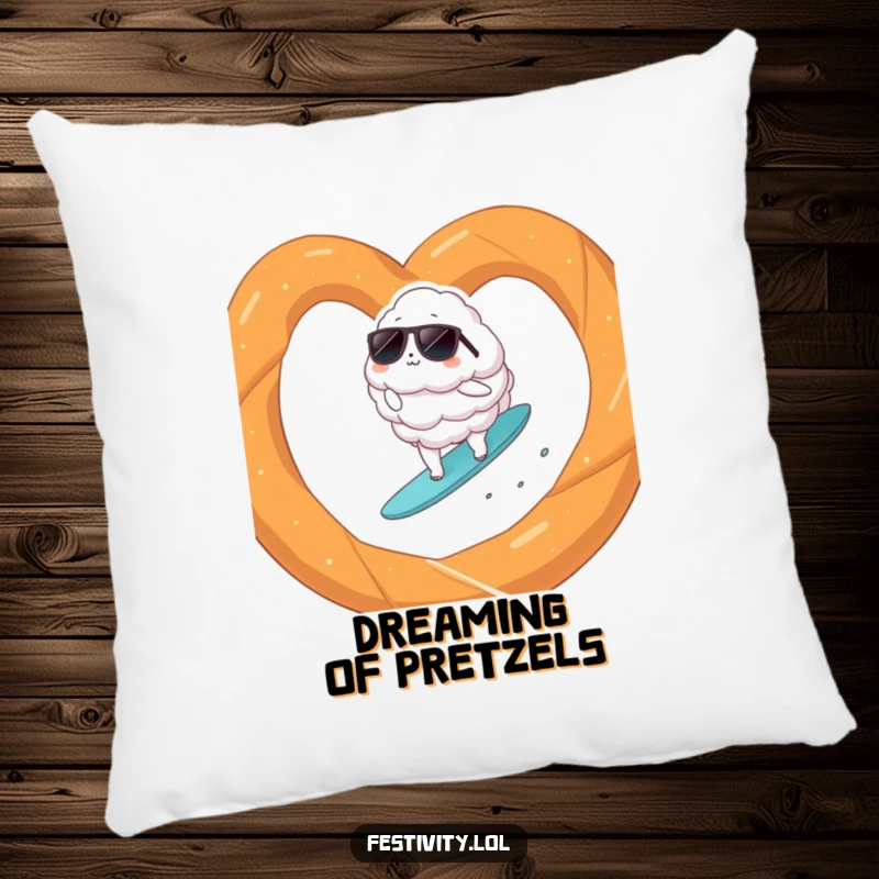 Funny cloud wearing sunglasses surfing on a giant pretzel, printed on a plush pillow for comedic comfort.