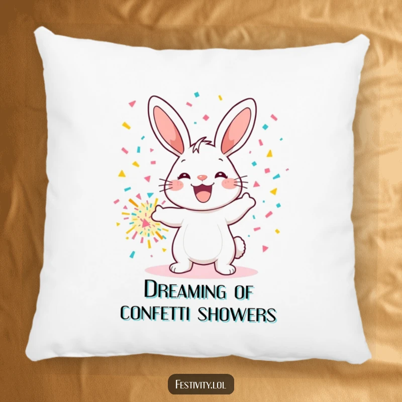 Funny pillow showcasing a beaming bunny setting off a large confetti bomb, offering comfort and a humorous touch to any room.