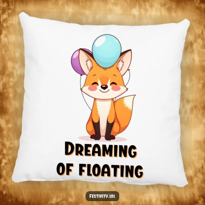 Funny fox pillow featuring a happy fox balancing a stack of balloons on its nose, providing comfort and a whimsical touch.