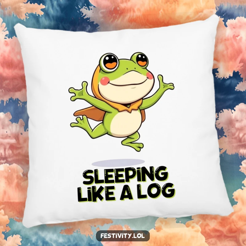 Funny pillow with a silly frog wearing a costume, leaping enthusiastically, soft and humorous home decor.