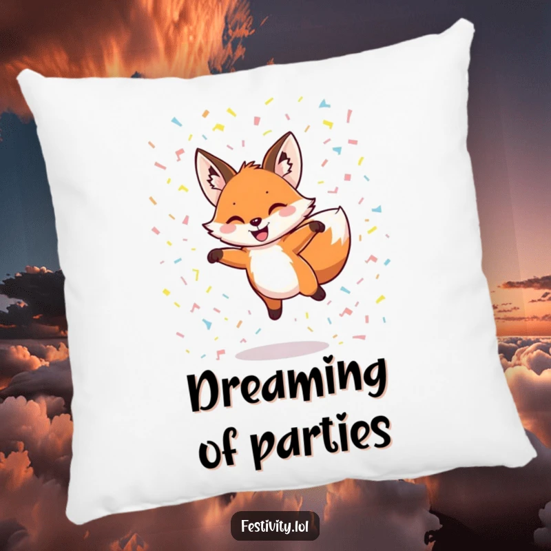 Funny throw pillow featuring a grinning fox leaping through confetti, adding playful comfort and humorous charm.