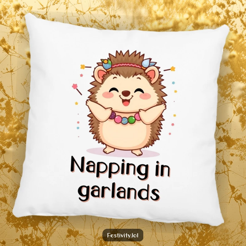 Funny Hedgehog Pillow: A happy hedgehog wearing festive garlands and dancing, offering cozy comfort and funny cheer.