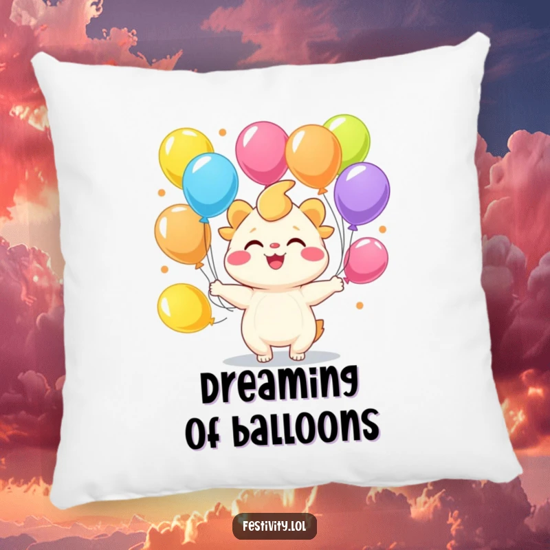 Funny joyful creature juggling colorful balloons on a soft, comfortable pillow.