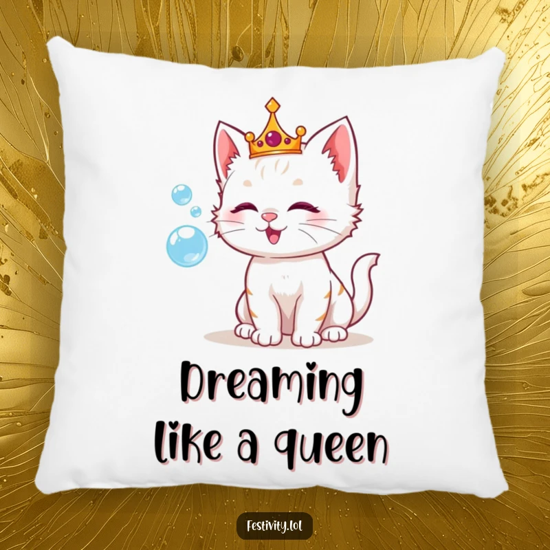 Funny pillow design of a playful kitten wearing a crown, happily blowing shimmering bubbles, offering comfort and royal charm.