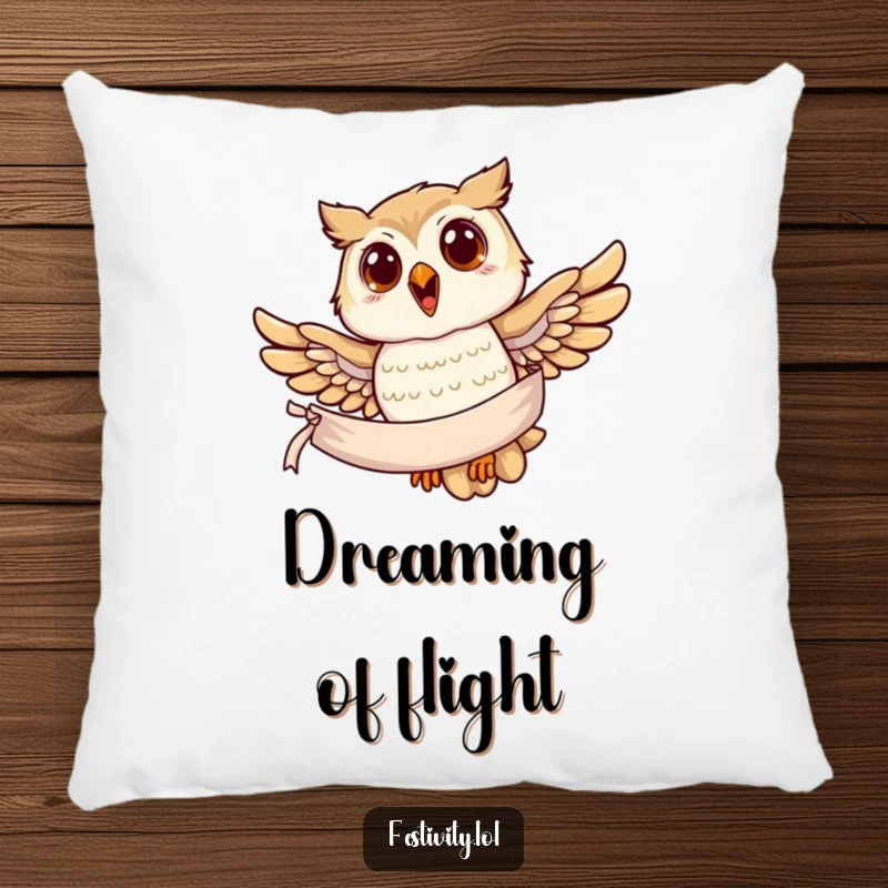Funny owl pillow, a joyful owl soaring with a banner, providing comfort and a wise, decorative accent.