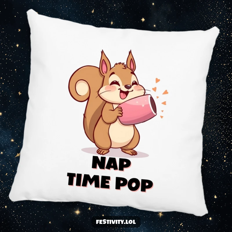 Funny pillow with a delighted squirrel holding a party popper, ready to burst, soft and humorous decor.