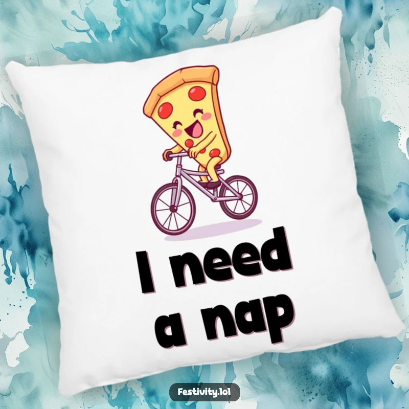 Funny pizza slice character giggling while balancing on a unicycle, a soft and funny pillow accent.