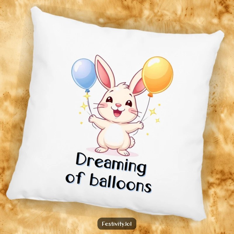 Funny pillow design of a cheerful rabbit with a big smile, juggling shiny balloons, offering soft comfort and joy.