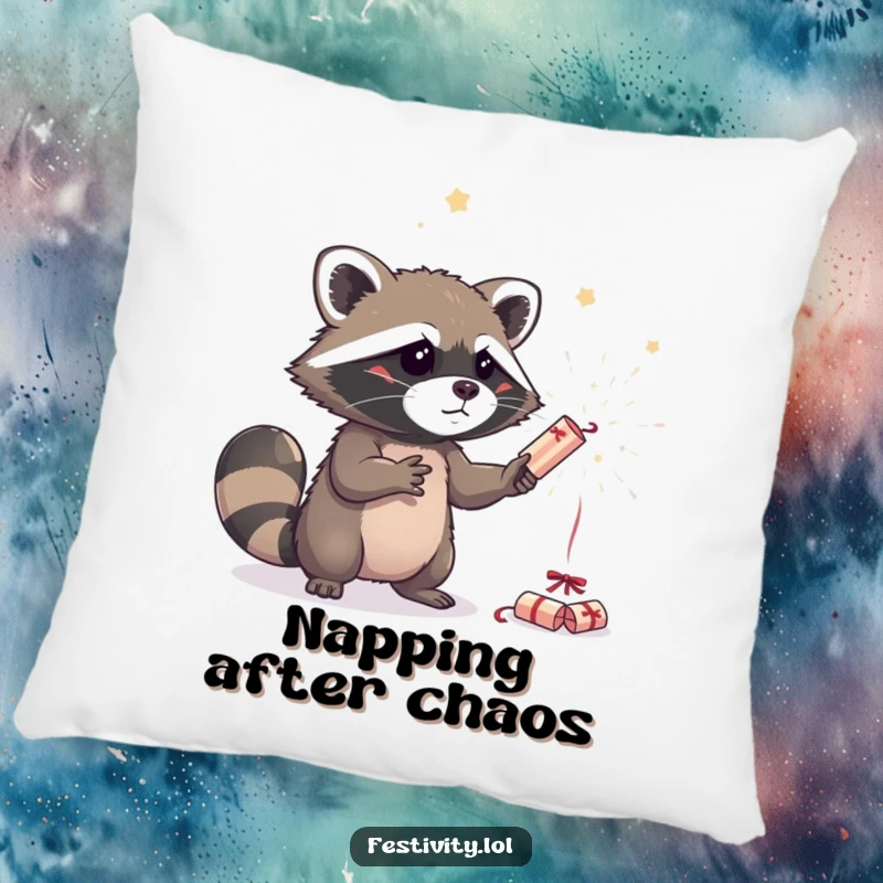 Funny raccoon juggling sparkling party crackers on a soft cushion, perfect for adding a humorous and comfortable touch to any room.