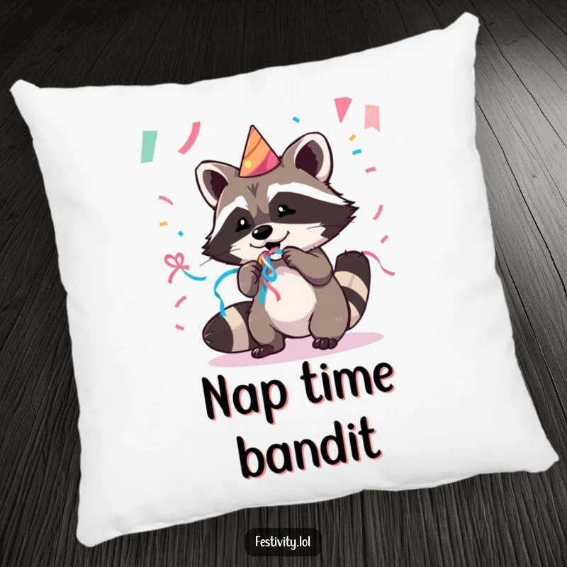 Funny, soft pillow featuring a mischievous raccoon caught stealing party streamers, adding a playful touch to any room.
