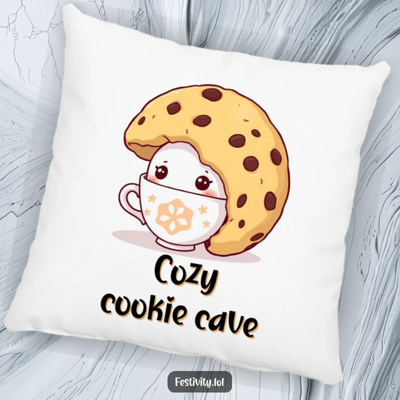 Funny Shy Teacup Pillow: A plush pillow featuring a shy teacup character comically peeking from under a giant cookie, bringing comfort and sweet humor.