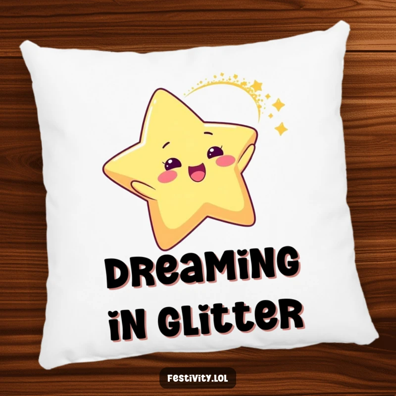 Funny Star Glitter Arc Pillow featuring a delighted star character leaving a trail of sparkling glitter, offering soft and humorous celestial comfort.