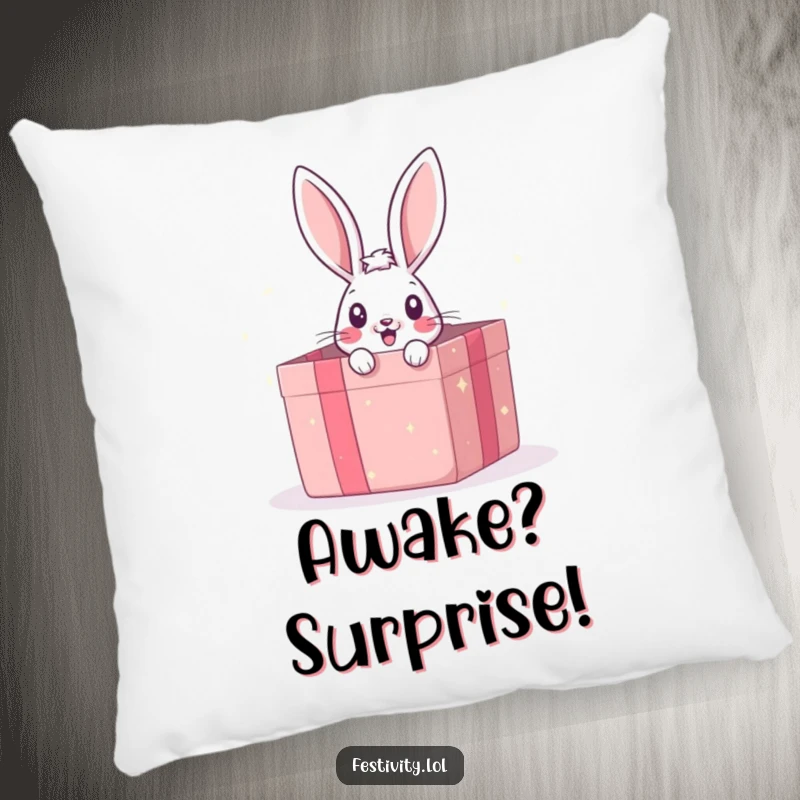 Funny pillow with a surprised bunny peeking from a giant gift box, offering plush comfort and adorable humor.