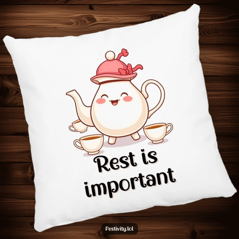 Funny pillow featuring a whimsical teapot wearing a hat and juggling teacups, offering comfort and cheerful decor.