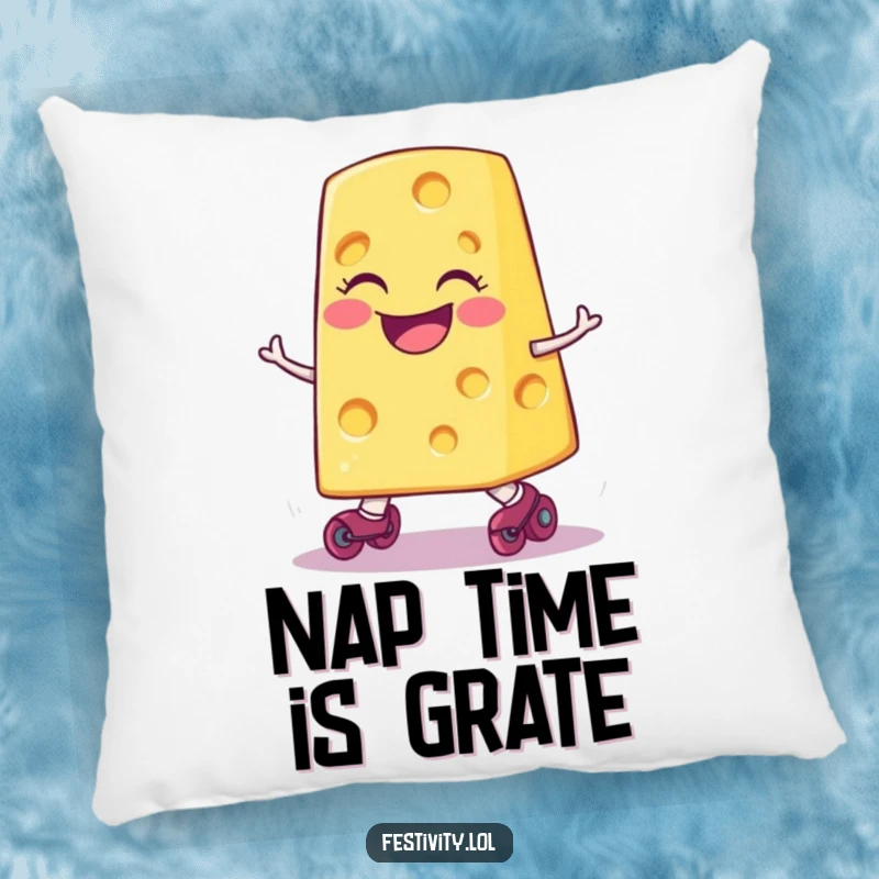 Funny smiling slice of cheese wearing tiny roller skates, comically tripping, printed on a plush pillow for comedic comfort.
