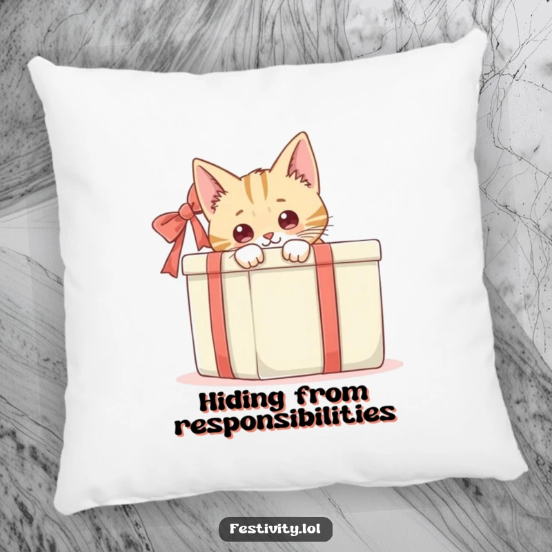 Funny cat peeking from behind a large gift box, a soft and humorous accent pillow for any space.