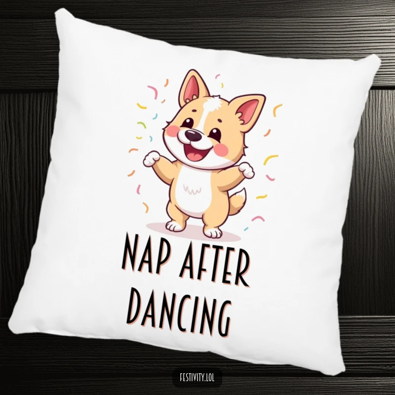 Funny pillow with a happy dog dancing joyfully, wrapped in streamers, soft and humorous home decor.