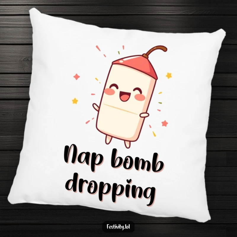 Funny happy firecracker igniting with a spark, a humorous and comfortable pillow for sofa or bed.