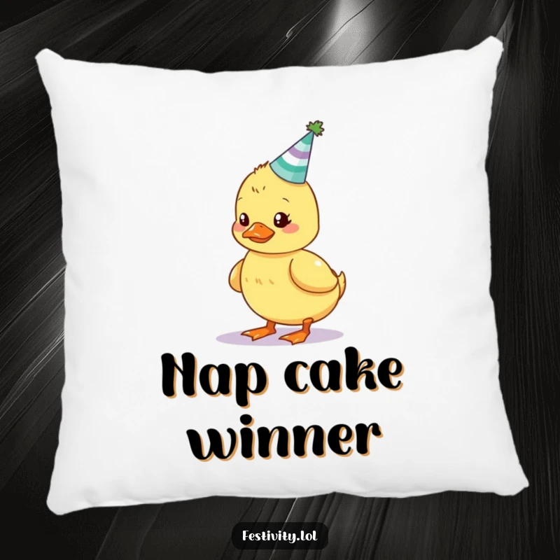 Funny pillow showcasing a wobbly duckling trying to balance a cake with candles, offering comfort and birthday humor.