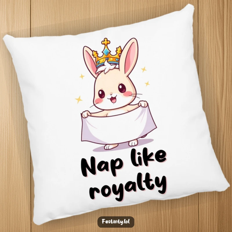 Funny rabbit pillow showing a cheerful rabbit wearing a crown and holding a sparkling banner, perfect for adding regal comfort.
