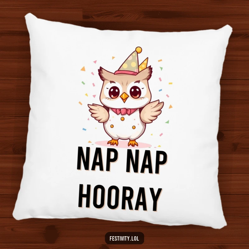 Funny tiny owl character dressed as a party planner, excitedly tossing confetti on a soft pillow.